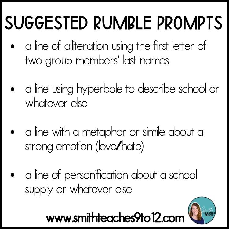 Four suggested prompts for the figurative language rumble.