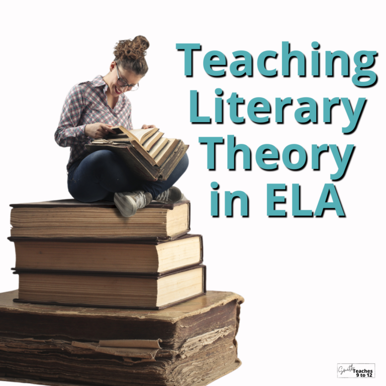 teaching literary theory in high school ela as heading with a woman sitting on a pile of oversized old books